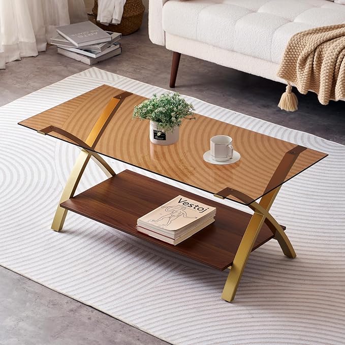 LumFurn Coffee Table for Living Room and Bedroom, 2-Tier Mid-Century Modern Table with Amber Tempered Glass Top and Walnut Finish Wood Shelf, Strong Metal Legs with Gold Finish