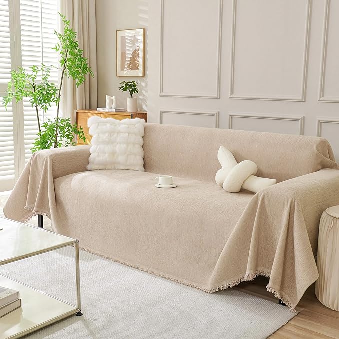 DREAMINGO Sofa Covers Washable Thick Chenille Couch Cover for 3 Cushion Couch Sofa Multi-Use Couch Cover Blanket Modern Pet Furniture Protector Sectional Couch Slipcover 71"x150", Khaki