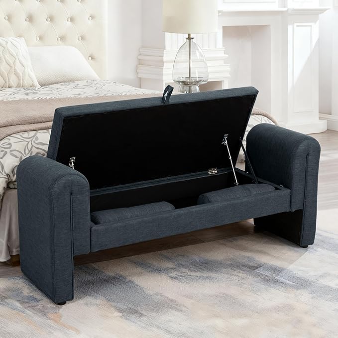 60.5" End of Bed Bench Storage Bench for Bedroom,Soft Linen Upholstered Ottoman Bench with Rolled Arms, Eentryway Bench with Storage for Living Room,Hallway, Dressing Room (Light Blue)