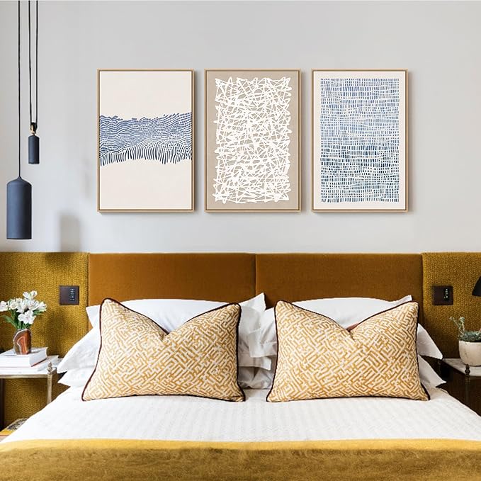 SAFERRYHOME Blue Neutral Contrast Abstract Boho Wall Art Framed Canvas Print Set, Mid Century Modern Minimalist Lines Geometric Pattern for Living Room, Bedroom, Office - 3 Panels 16x24 Inch