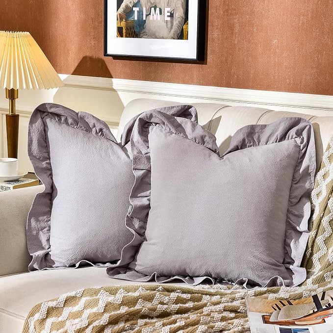 AmHoo Pack of 2 Throw Pillow Covers 100% Cotton Pre Washed Ruffle Decorative Pillowcase Cushion for Couch Sofa Bedroom 20 x 20-Inch Light Grey