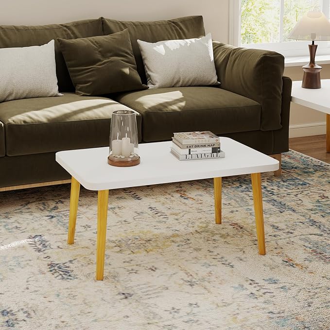 Square Coffee Table Low Table with 4 Solid Wood Sturdy Legs,Floor Table Desk for Sitting on The Floor,19.7"D x 31.5"W x 16"H Inches,Living Room/Toy room Furniture,Rental house Furniture (White-Square)