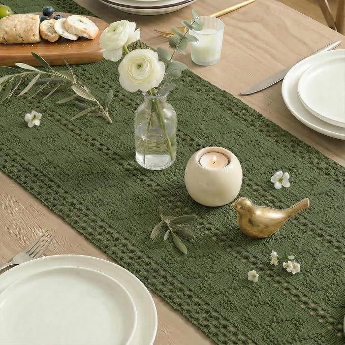 Artoid Mode Army Green Farmhouse Woven Rustic Hollow Table Runner, Seasonal Holiday Hollow Kitchen Dining Table Decoration for Home Party Decor 12x48 Inch