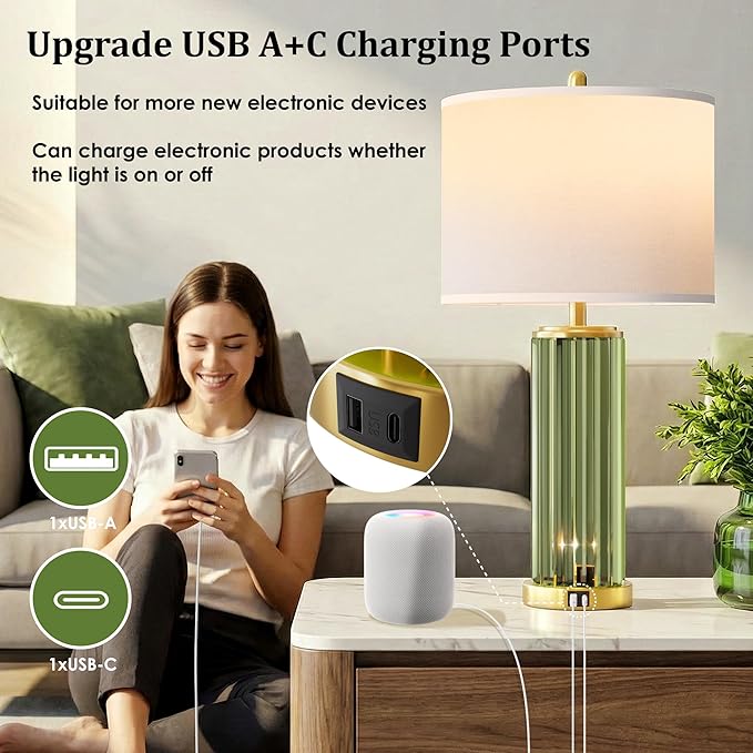 QiMH Gold Table Lamps for Bedroom Set of 2 with Nightlight, Modern Bedside Lamp with USB A+C Charging Port, Green Nightstand Lamp for Living Room White Shade, 2 Bulbs Included