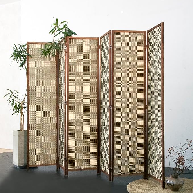 Furnnylane 6 Panel Bamboo Room Divider – 5.6 ft Tall Double-Sided Folding Privacy Screen, Freestanding Wall Partition for Home Office & Bedroom, Gray Brown Woven Texture, Easy Setup (67" H x 94.5" W)
