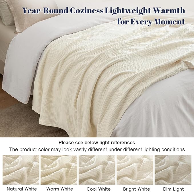 PHF 100% Cotton Muslin Throw Blanket 50" x 60", 4-Layer Lightweight Gauze Throw, Breathable Cloud-Soft Minimalist Blanket for Bed, Couch, Camping, Birch, Ideal Gift