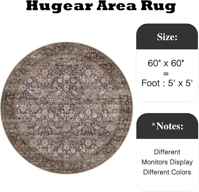 Hugear Round Rug 5ft Entryway Rugs Machine Washable Tradition Brown Hallway Area Rug 5x5 Small Circle Accent Rug Floral Low Pile Carpet Soft Throw Rug Living Room Office Laundry Room Entrance Non Slip