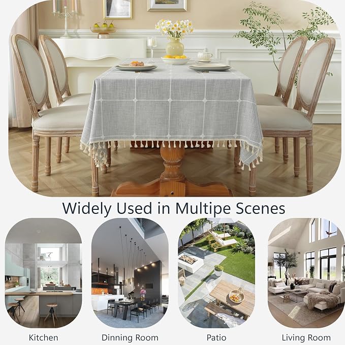 Alsoo Gray Plaid Tablecloth Square 55 x 55 Inch, Boho Waterproof Washable Wipeable Table Cloth Cotton Linen Heavy Duty Fabric for Kitchen Dining Party Christmas
