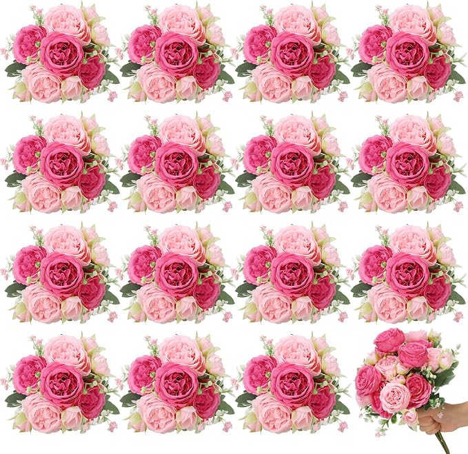 16 Pack Pink,Hot Pink Peonies Artificial Flowers,Fake Silk Hydrangea Bouquet for Bridal Wedding Home Table Decor Reusable Dining Opening Ceremony Birthday Arrangement Faux Floral