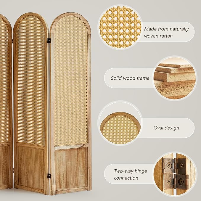 4 Panel Rattan Room Divier, Room Divider Panel and Folding Privacy Screens, Room Divider Wall, Solid Wood Frame, Partition Room Dividers, Bedroom, Dining Room, Lounge, Light Brown