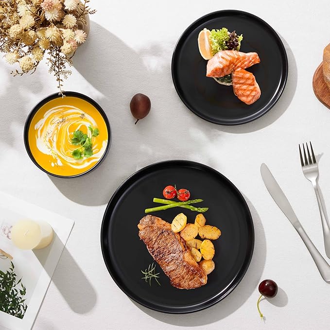 Herogo 18 Pieces Stoneware Dinnerware Sets Service for 6, Dinner Plates and Bowls Sets, Double Reactive Glaze Dishes Set for Kitchen, Scratch Resistant, Microwave & Dishwasher Safe, Matte Black