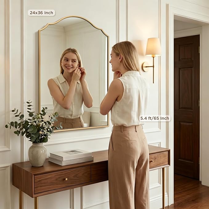 Besdomus Scalloped Gold Mirror for Bathroom: 24"x36" Minimalist Modern Arched Mirror - Wooden Frame Wall for Vanity/Bedroom/Mantle/Entryway/Fireplace/Hallway - Idea for Housewife