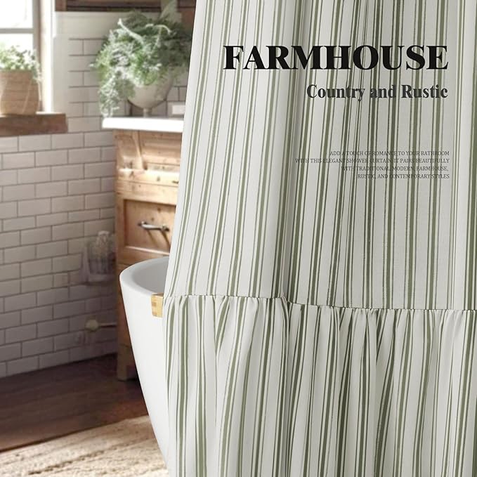 Farmhouse Shower Curtain with Ruffle Hem Linen Shower Curtains for Bathroom Country Vintage Rustic Natural Fabric, White-Green Stripe 72" W x 72" L
