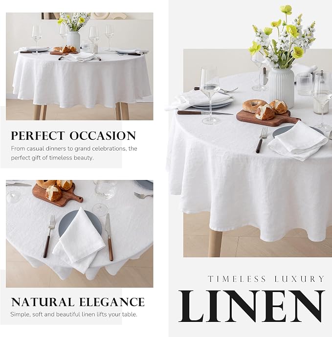 100% Pure French Linen Tablecloths,90Inches Round Table Clothes for Dining,Parties,Picnic,Events,Weddings and Restaurants (RO-White, Round - 90 Inch Dia)
