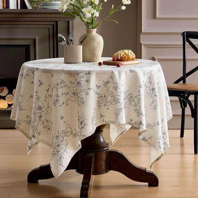 Farmhouse Linen Square Tablecloth Floral Table Cloth with Gray Flowers Pattern Burlap Textured French Rustic Vintage Outdoor Table Cover for Picnic,Dining,Party,Home Decor 55x55 Inch