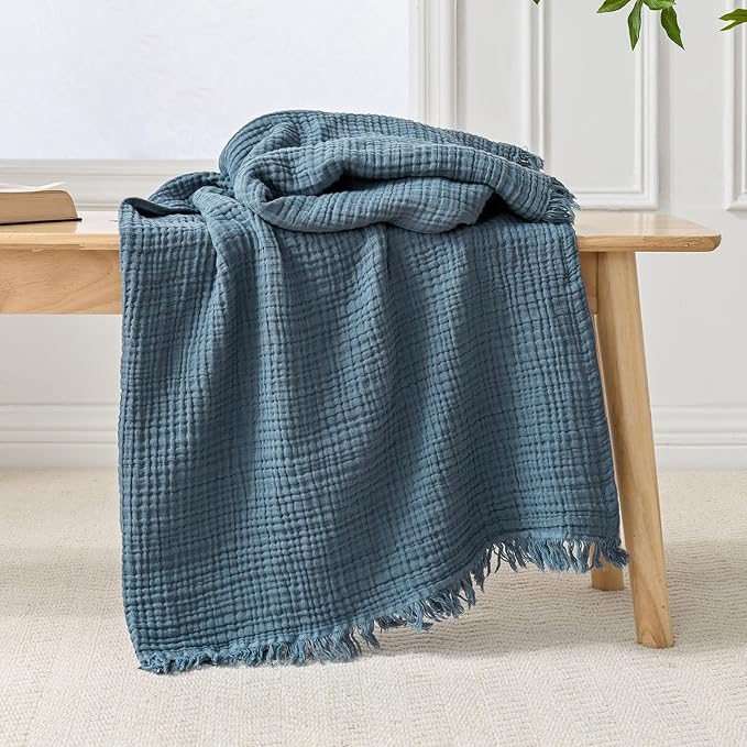 Esterra Muslin Throw Blanket 50x65 Inches Cozy Soft Lightweight Pre-Washed Cotton Blanket, All Season Breathable 4-Layer Gauze Blanket Throw for Sofa Couch Bed, Blue Mirage