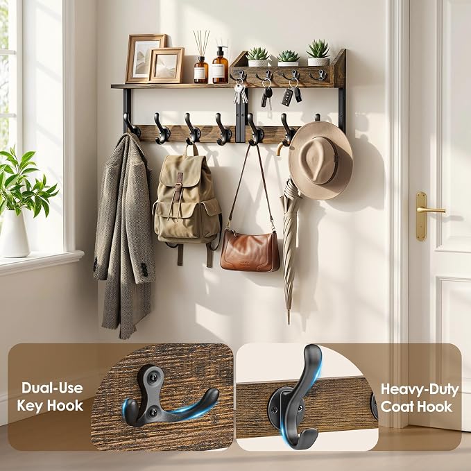 Lewondr Coat Rack Wall Mount with Shelf, 29" Entryway Wall Mounted Shelf with 7 Dual Hooks 4 Key Hooks, Entryway Floating Coat Rack with Mail Holder for Living Room, Bedroom, Vintage Brown