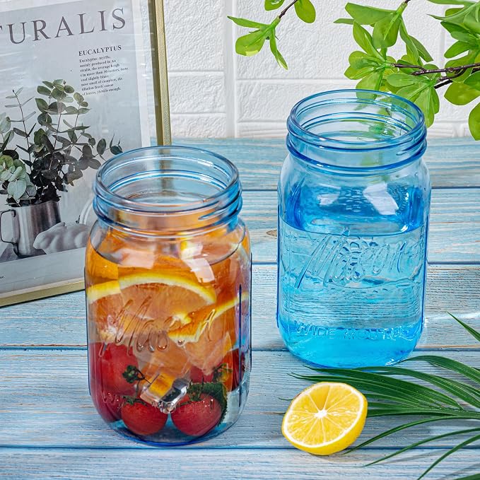 WELLIFE Wide Mouth Mason Jars,6 Pack Blue Mason Jars 32 OZ,Mason Jar for Decor Canning & DIY Crafts,Food Storage,Fermenting,Pickling,Meal Prep