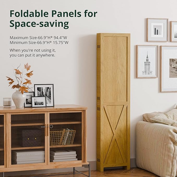 Cozy Castle 6 Panel Folding Room Divider, Solid Wood Privacy Screen, Freestanding Partition Wall, Temporary Wall for Home/Office/Bedroom/Restaurant, Natural