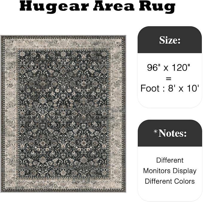 HUGEAR 8x10 Machine Washable Rugs Black Beige Hallway Large Area Rug Indoor Accent Rug Floral Low Pile Carpet Soft Throw Aesthetic Rug Bedroom Living Room Office Dining Room Laundry Room
