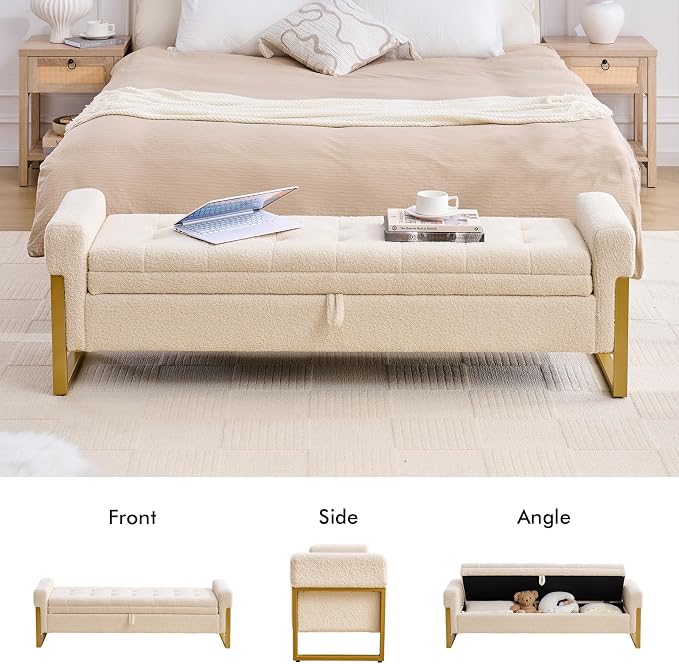67" End of Bed Storage Bench King Size, Bench for Bedroom Foot of Bed, Upholstered Teddy Storage Ottoman with Gold Legs for Window Living Room, Teddy Beige