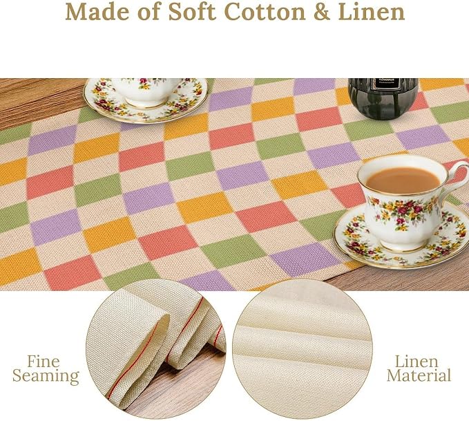 Retro Checkered Table Runner 60s 70s Vintage Twisted Colorful Groovy Trendy Wavy Hippie Grid Farmhouse Country Dinner Runner for Home Kitchen Dining Table Party Holiday Decor 13"x60"
