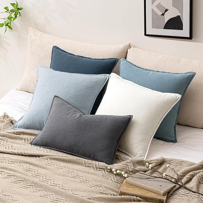 24x24 Inch Set of 2 Decorative Linen Solid Throw Pillow Covers Boho Accent Farmhouse Couch Pillowcases Modern Netural Euro Home Decor for Couch Sofa Living Room Bed,Light Blue