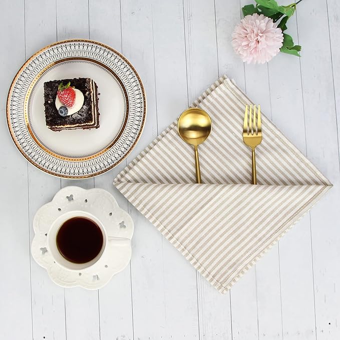 Plain Striped Cotton Linen Blended Dinner Cloth Napkins - Set of 12 (17 x 17 inches) - for Events & Home Use (Beige)