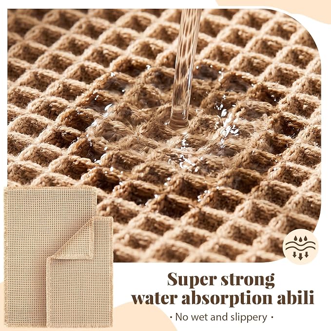 Tinideya Waffle Bath Mat Set of 2 Ultra Absorbent Non-Slip Bathroom Rugs Machine Washable Quick Dry for Shower Bathroom Kitchen Floor, Low Profile Fits Under Door, 18 x 30'' + 24 x 36''(Brown)