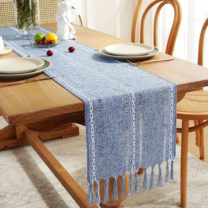 Rustic Farmhouse Style Linen Table Runner, Boho Handmade Tassel Hemstitched Embroidered Table Runners 60 Inches Long for Holiday Party, Dresser and Dining Decorations, 13 x 60 inch - Blue
