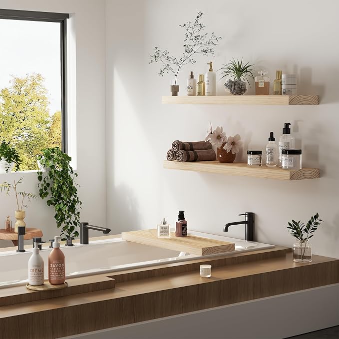 Vivelove Natural Wood Floating Shelves 36”，8 inch Deep Floating Shelf with Invisible Brackets, Unfinished Wall Shelves for Living Room, Bathroom, Kitchen, Bedroom, Home Decor, Set of 2 - Natural