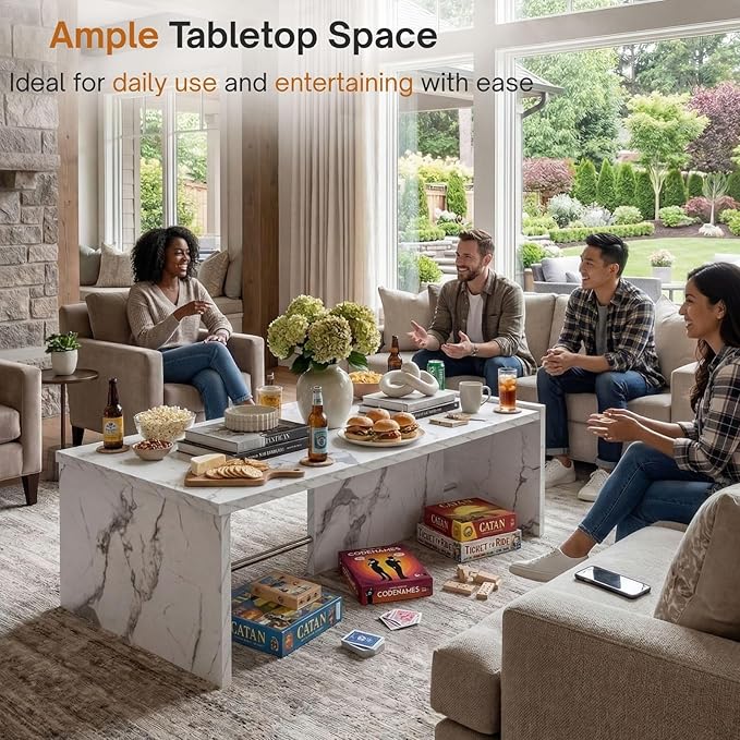 Hyfirm Faux Marble Coffee Tables for Living Room: Rectangular Modern Minimalist Coffee Table with Sturdy Frame Contemporary Accent Tables for Office Apartment Family Room Center Table (Marble White)