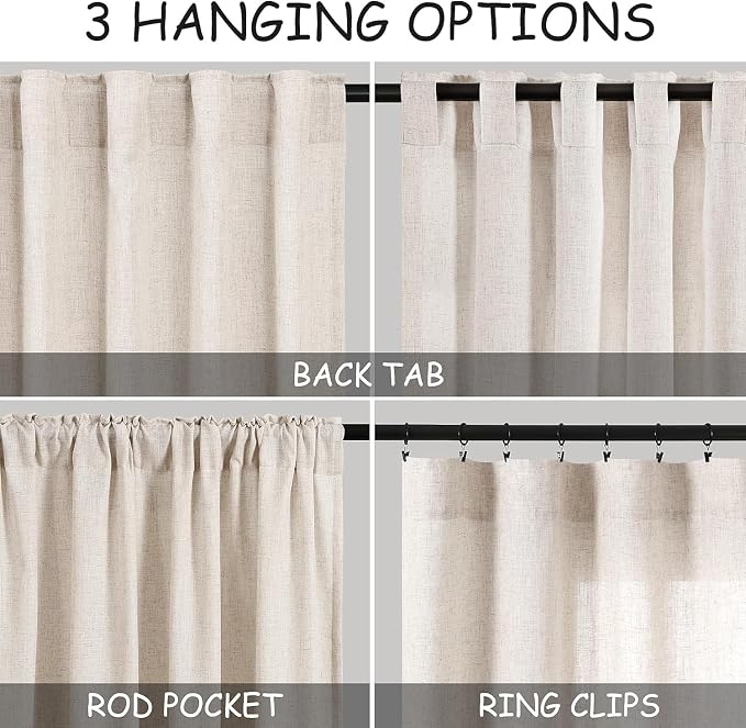 Nanspring Beige Curtains for Kitchen Windows Over Sink 36 inch Length Rustic Farmhouse Linen Blend Semi Sheer Curtains Back Tab and Rod Pocket Small Window Curtain for Cafe 30 x 36 Inch,2 Panels