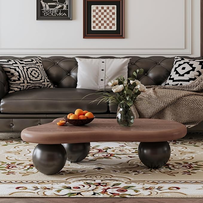 47" Cloud Coffee Table for Living Room Irregular Coffee Table Mid Century Modern Unique Coffee Tables Low Cute Small Center Table with 3 Ball Legs for Small Space Apartment Walnut & Black