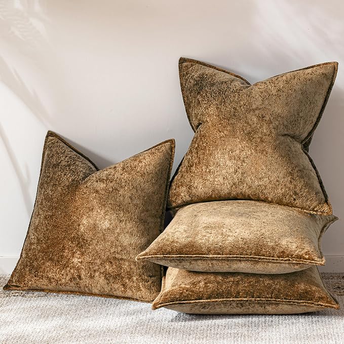 a moment Throw Pillow Covers 22X22 Inch 4 Packs,Soft Velvet Decorative Pillow Cases with 3D Ice Flower,Texture Modern Accent Cushion Covers for Sofa Couch Home Decor Golden Brown