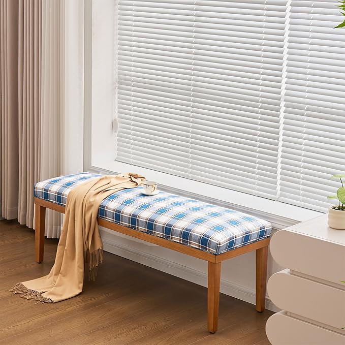 Rowill 53 Inch Long Entryway Bench for Bedroom End of Bed, Dining Room Bench with Upholstered Padded Seat and Solid Wood Leg for Kitchen, Living Room, Indoor and Hallway, Blue