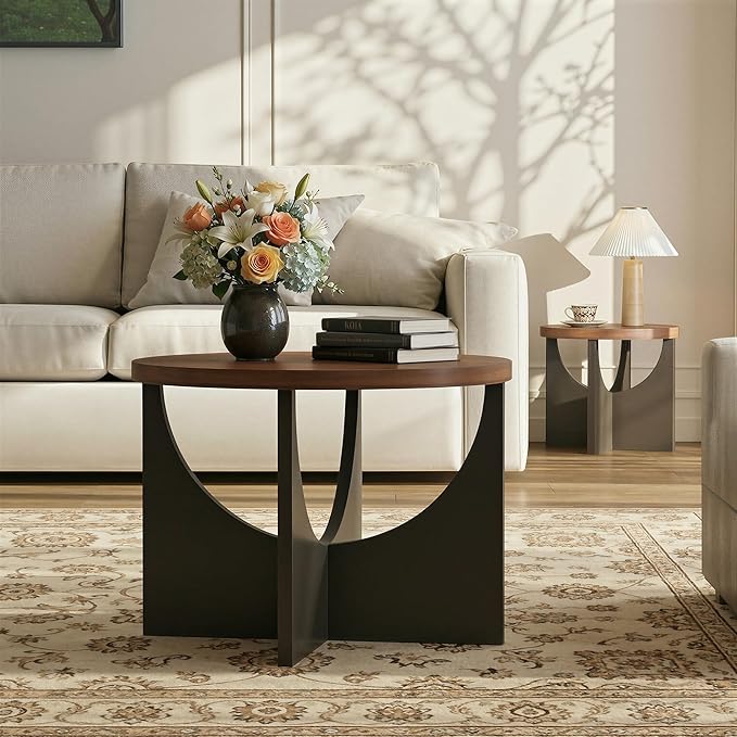 LIKIMIO Nesting Coffee Tables Set of 2, 23.6" Small Round Side Tables for Living Room, Wooden End Table, Walnut