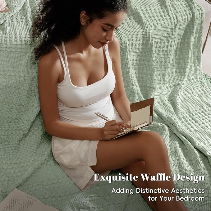 PHF 100% Cotton Waffle Blanket Twin Size for College Dorm, Lightweight Breathable and Soft for Summer, Luxury Aesthetic Waffle Weave Blanket for Bed & Gifts for Women, 66"x90", Mint Green