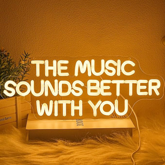 "The Music Sounds Better With You" Neon Sign for Wall Decor White Letter LED Sign for Bedroom Music Studio Record Shop Decoration