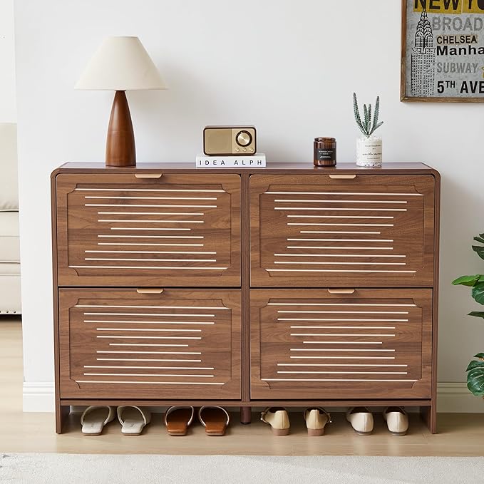 Shoe Storage Cabinet for Entryway with 4 Flip Drawers, Narrow Shoe Rack Organizer, Slim Freestanding Wood Hidden Shoe Cabinet with Adjustable Shelf for Hallway, Living Room (Walnut, 47.24'')