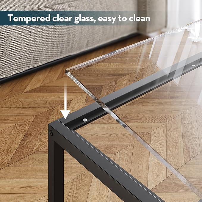 SAYGOER Glass Coffee Table Small Square Coffee Tables for Living Room, 26.7 inch Modern Center Table for Office Apartment, 5 MM Tempered Clear Glass Top, Black Metal Frame