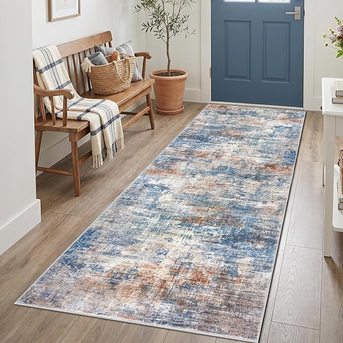 IOHOUZE Abstract Runner Rug 3x7 Ft Washable Runners for Hallways, Non Slip Kitchen Runner Printed Faux Wool Entryway Runner Indoor, Modern Abstract Floor Carpet for Hall Kitchen Bedroom, Blue Rust