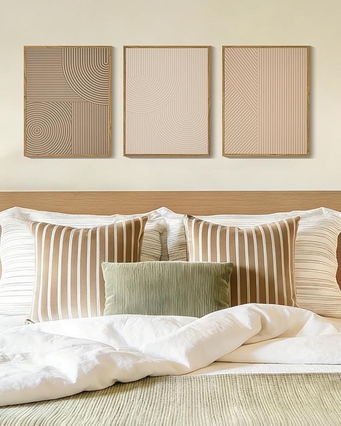 PHOPAGO Minimalist Abstract Framed Wall Art Modern Boho Neutral Line Wall Decor Geometric Artwork Kitchen Dining Room 11x14in Natural Framed