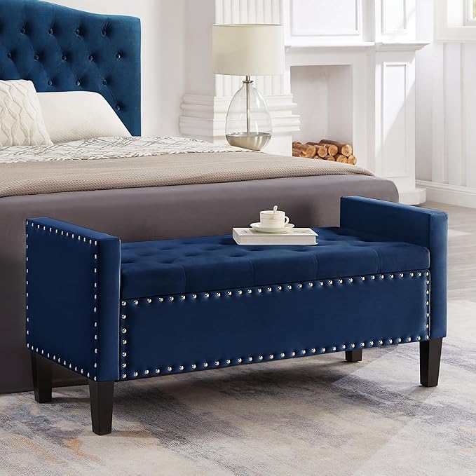 48" Folding Storage Ottoman Bench, Velvet Upholstered Tufted Button End of Bed Bench with Nailhead Trim, Padded Seat and Armrest, Foot Rest Stool for Entryway, Living Room, Bedroom (Navy Blue)