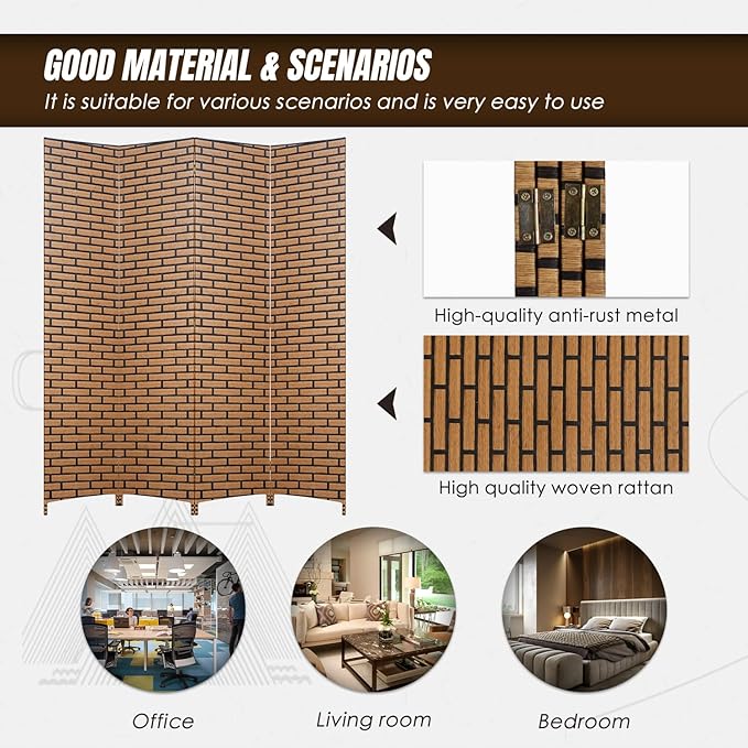 PayLessHere Room Divider 6FT Wood Mesh Hand-Woven Room Divider, 4-Panel Indoor Folding Portable Partition Screen,Brick