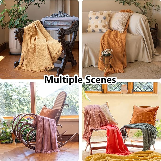 Simple&Opulence 100% Cotton Throw Blanket for Couch, Bed, Waffle Weave Cable Knit Blanket with Tassels, Soft Lightweight Pre-Washed Breathable Cozy Blanket Farmhouse Decoration for All-Season (Pink)