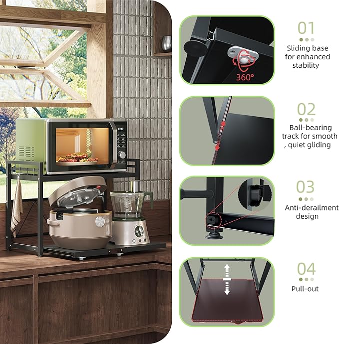 NETEL Expandable Microwave Stand,2 Tier Metal Kitchen Countertop Organizer Shelves with 8 Hooks,Bakers Rack,Pull-Out Microwave Shelf,55lbs Weight Capacity,Black
