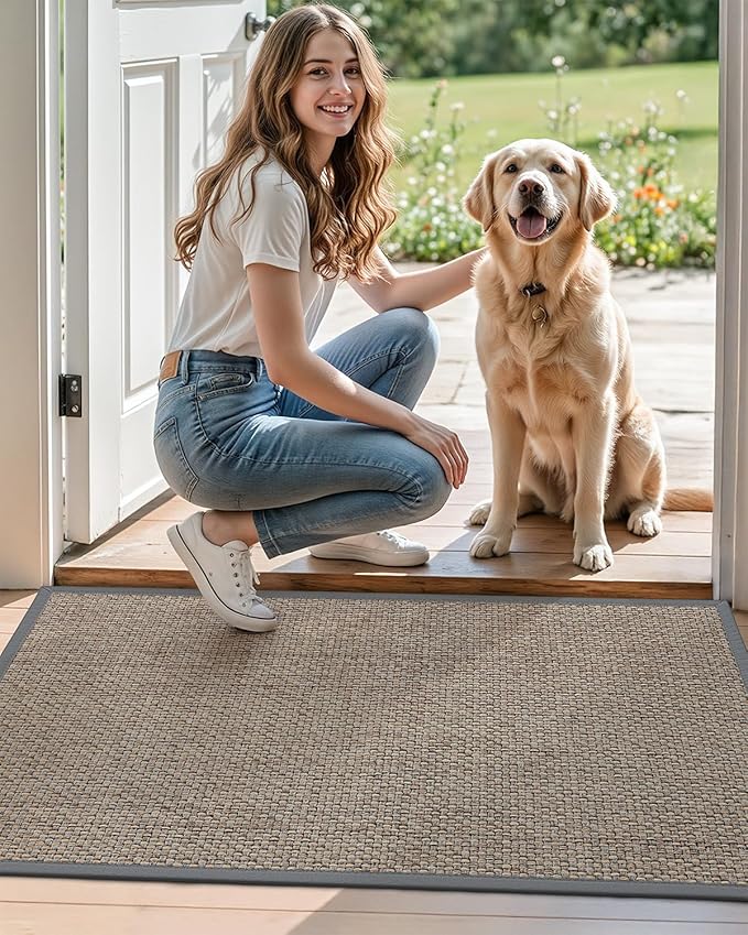 DEXI Ultra Thin Entryway Indoor Door Mat 17x30, Non Slip Rubber Backing Inside Entry Mat, Low Profile Easy Clean Dirt Trapper Doormat for Inside Entrance Patio, Grey