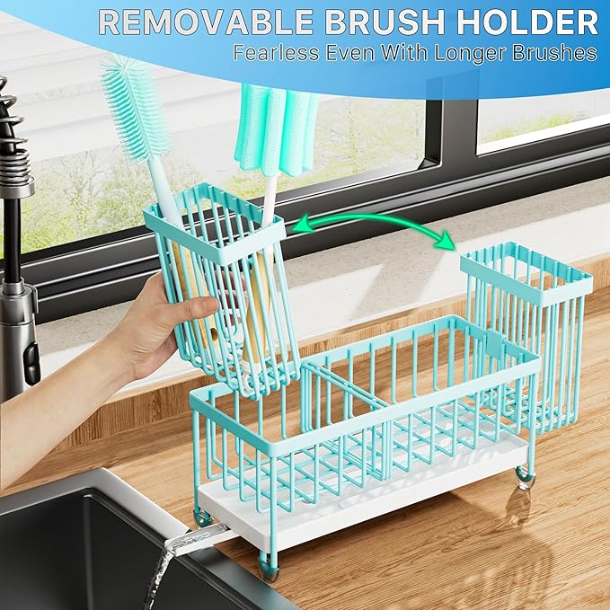 Cisily Sponge Holder for Kitchen Sink, Sink Caddy Organizer with High Brush Holder, Kitchen Countertop Organizers and Storage Essentials, 304 Stainless Steel, Teal Kitchen Decor (Turquoise, 9.25″)