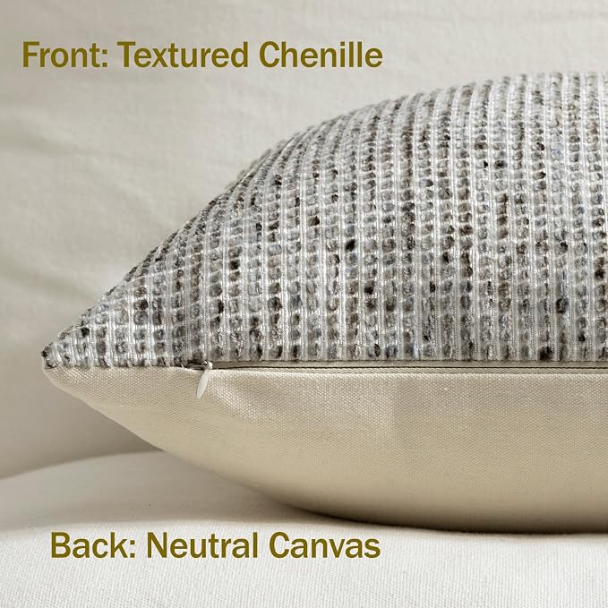Pack of 2 Neutral Throw Pillow Covers 18x18 Boho Textured Dots Stripe Chenille Square Decorative Pillow Cases Accents for Living Room Couch Bed Farmhouse Home Decor, Grey